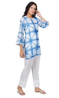 Blue Tie and Dye Chanderi Silk Kurta with White Cotton Cambric Pants - Set of 2