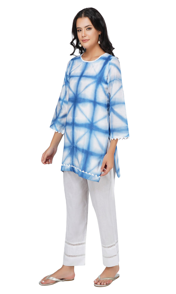 Blue Tie and Dye Chanderi Silk Kurta with White Cotton Cambric Pants - Set of 2