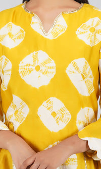 Mustard Yellow Bandhani Dye Chanderi Silk Kurta with Cotton Pants and Scallop Chanderi Silk Dupatta - Set of 3
