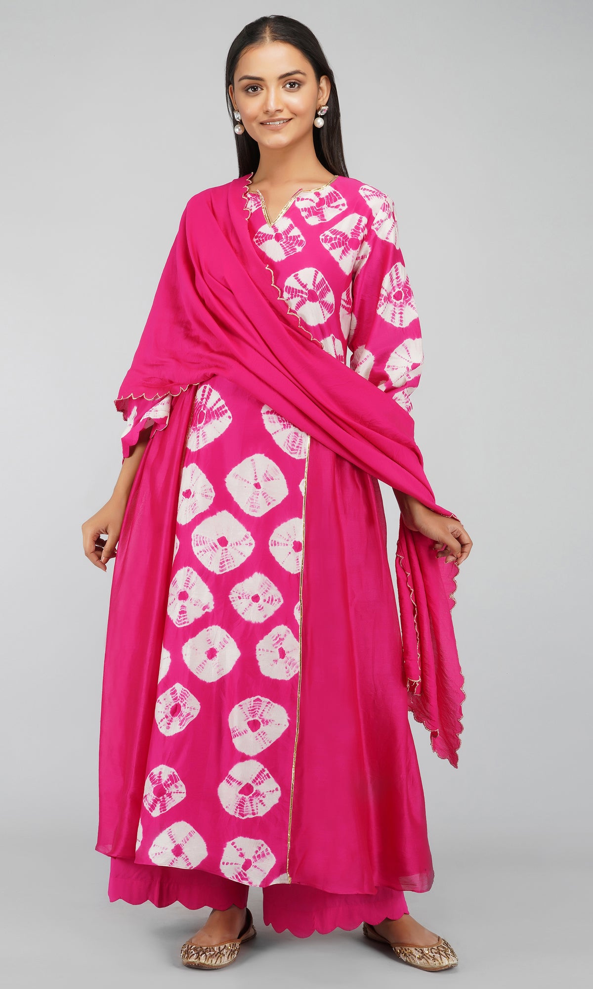 Pink Bandhani Dye Chanderi Silk Kurta with Cotton Pants and Scallop Chanderi Silk Dupatta - Set of 3
