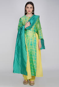 Yellow Green Tie and Dye Chanderi Silk Kurta with Cotton Pants and Hand Block Printed Dupatta - Set of 3
