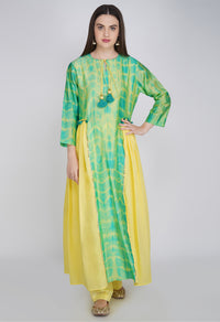 Yellow Green Tie and Dye Chanderi Silk Kurta with Cotton Pants and Hand Block Printed Dupatta - Set of 3