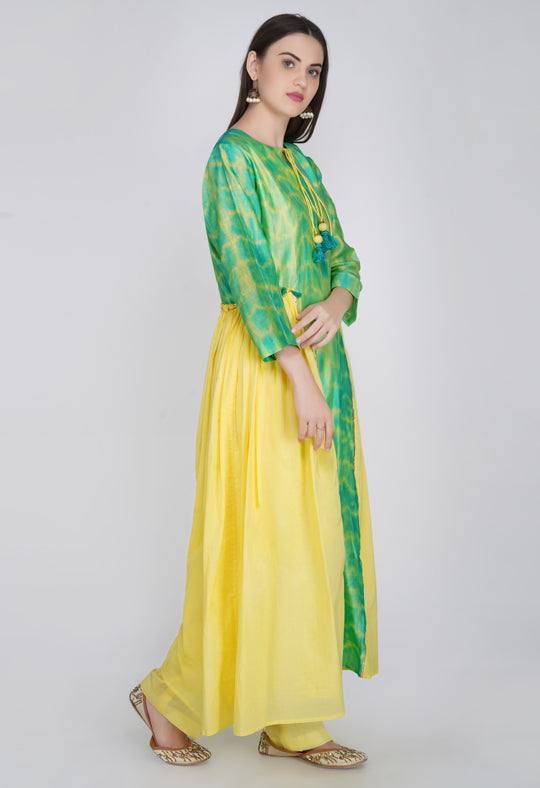 Yellow Green Tie and Dye Chanderi Silk Kurta