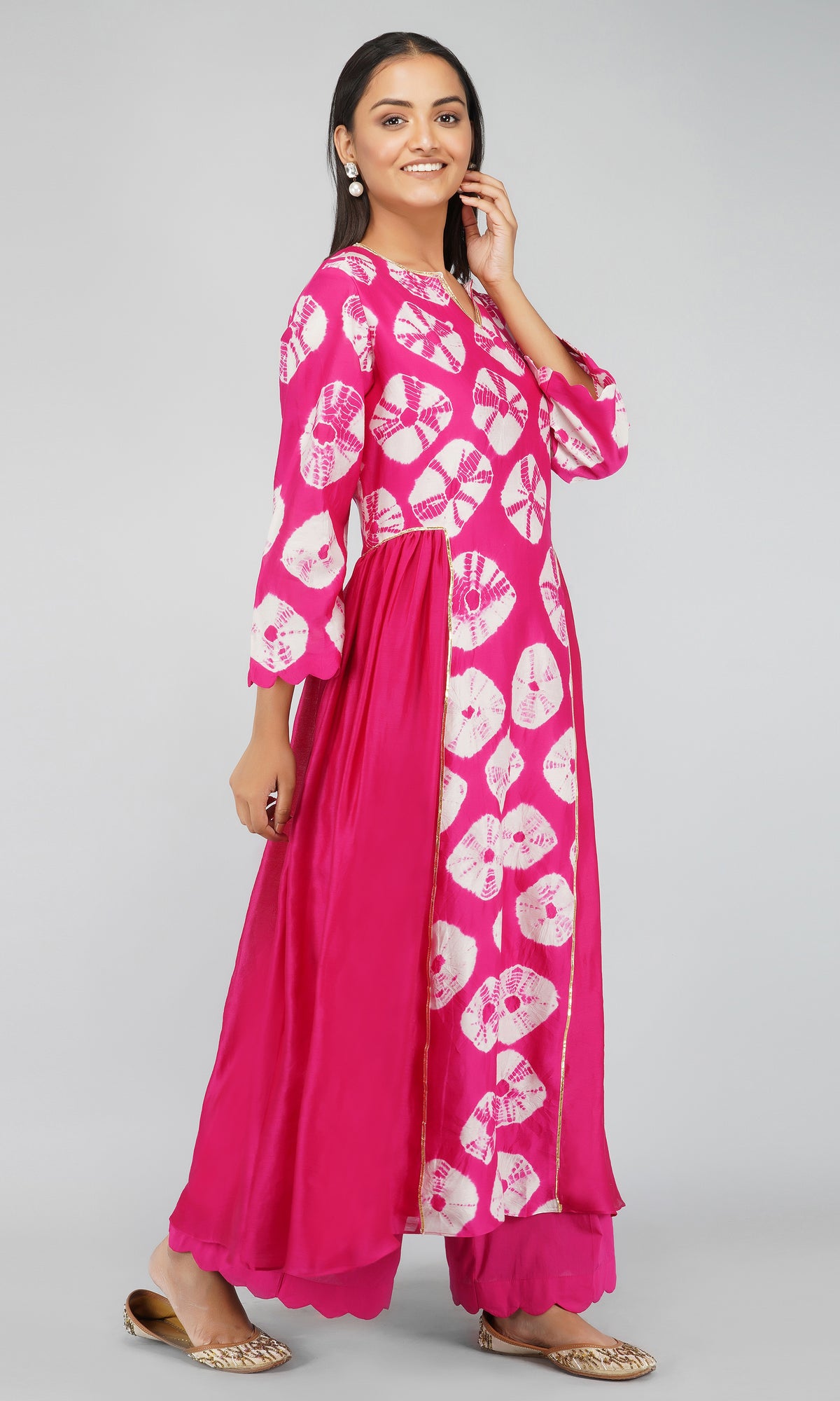 Pink Bandhani Dye Chanderi Silk Kurta with Cotton Pants - Set of 2