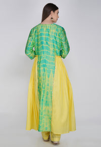 Yellow Green Tie and Dye Chanderi Silk Kurta with Cotton Pants and Hand Block Printed Dupatta - Set of 3