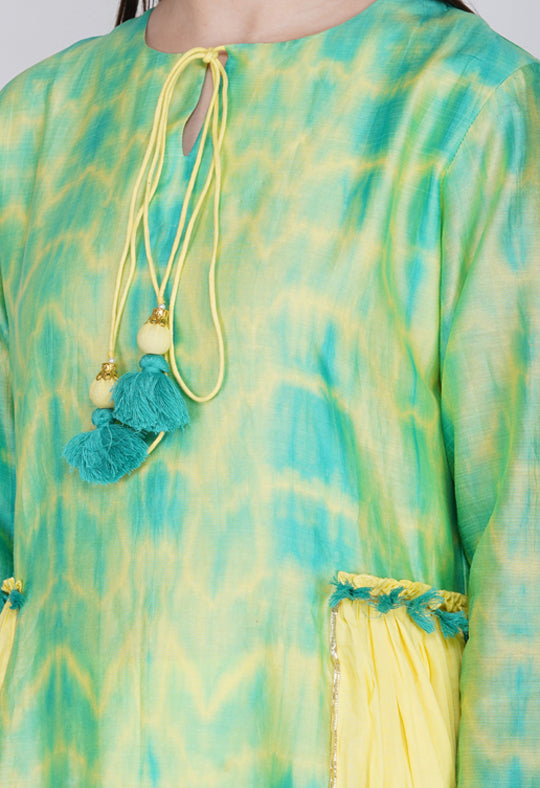 Yellow Green Tie and Dye Chanderi Silk Kurta with Cotton Pants and Hand Block Printed Dupatta - Set of 3