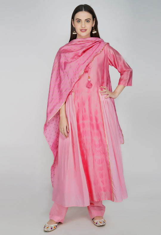 Pink Tie and Dye Chanderi Silk Kurta with Cotton Pants and Hand Block Printed Dupatta - Set of 3