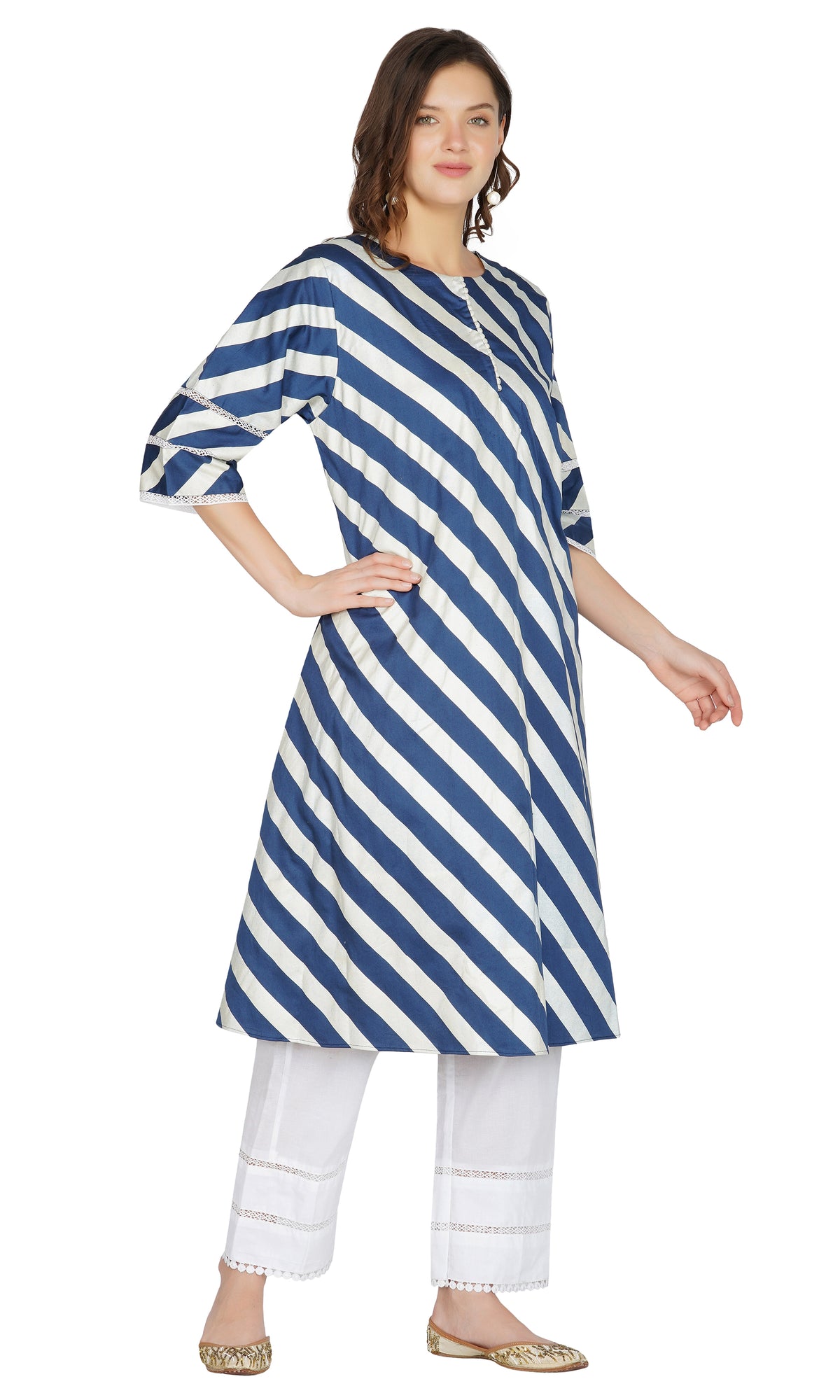 Navy Blue Striped Kurta with Pants- Set of 2