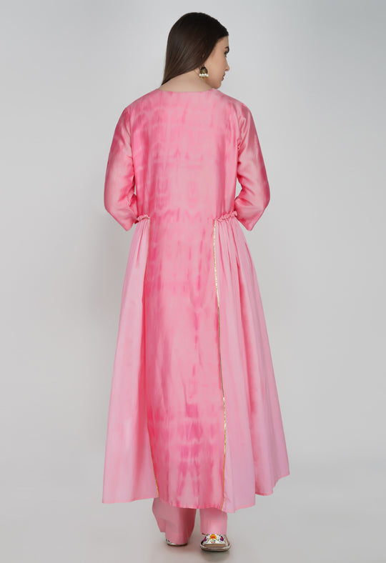 Pink Tie and Dye Chanderi Silk Kurta with Cotton Pants and Hand Block Printed Dupatta - Set of 3