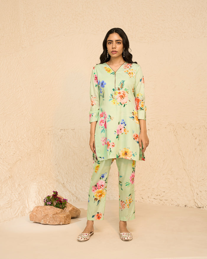 Tropical- Mint Printed Short Kurta - Set of 2