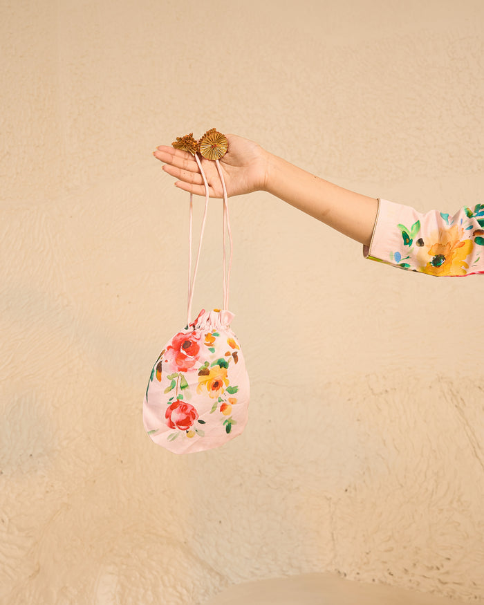 Tropical- Pink Printed Potli Bag