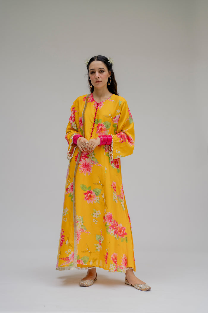 Baagh- Yellow Floral Printed Suit - Set of 3