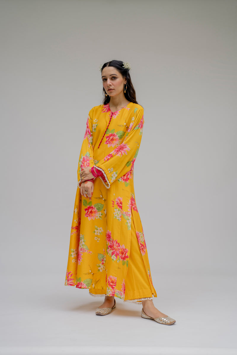 Baagh- Yellow Floral Printed Suit - Set of 3