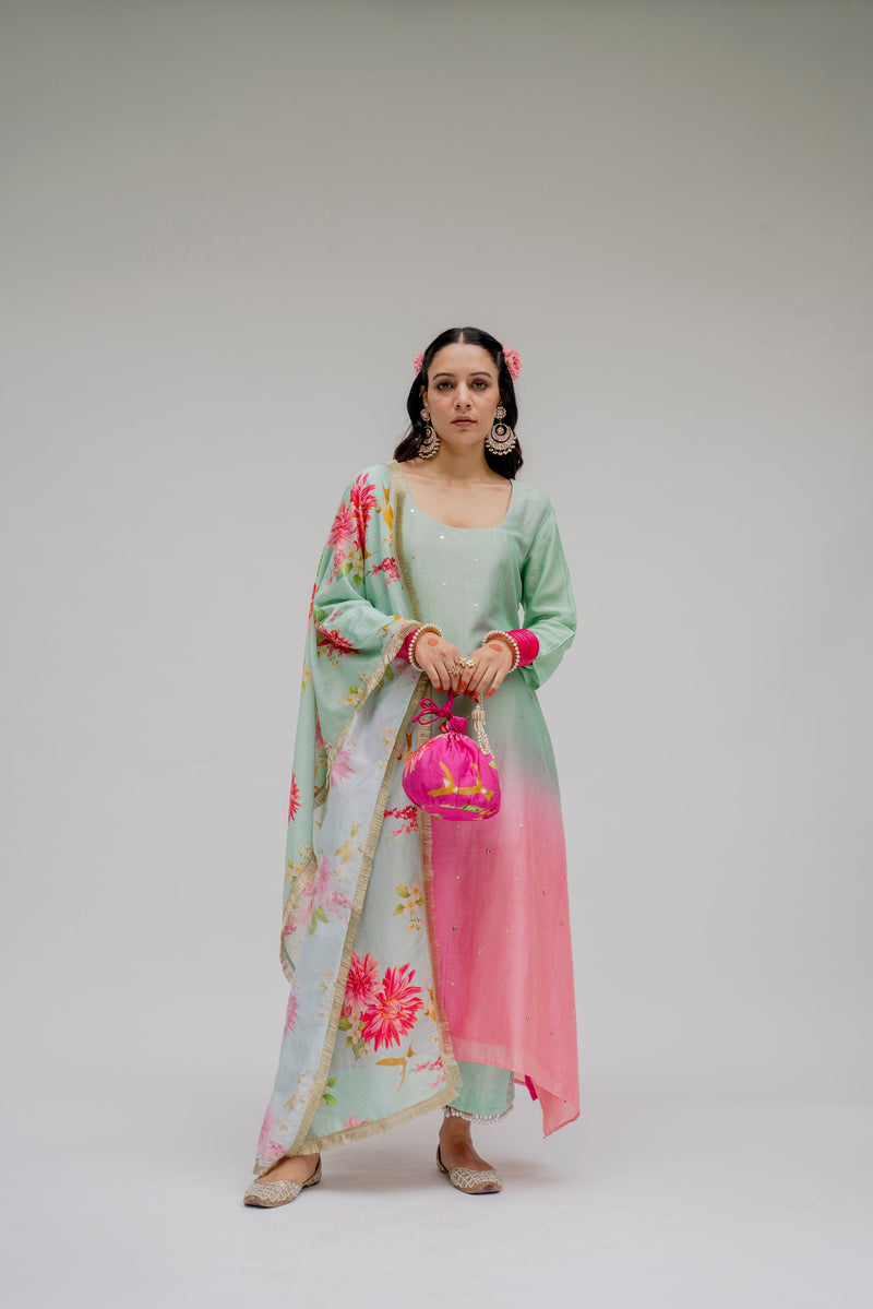 Gurleen Gambhir in Baagh- Mint Assymetric Ombre dyed Suit - Set of 3
