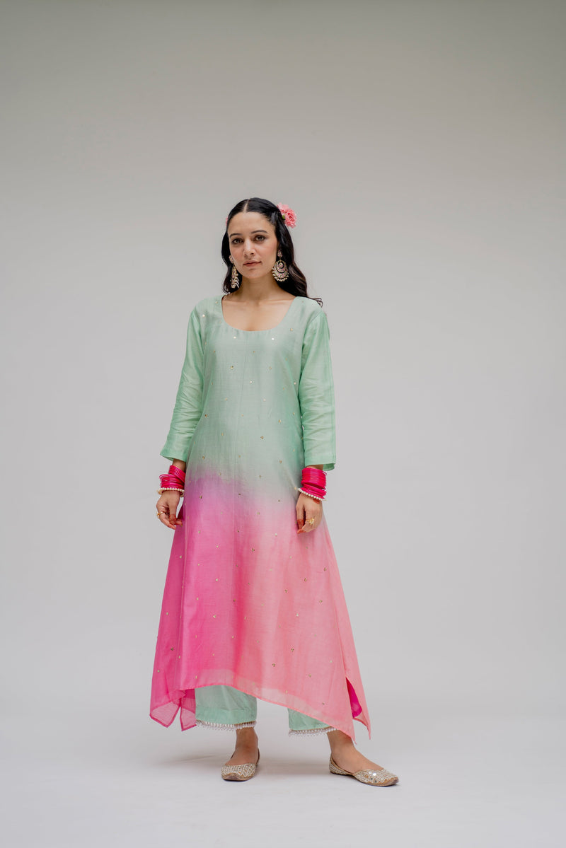 Gurleen Gambhir in Baagh- Mint Assymetric Ombre dyed Suit - Set of 3