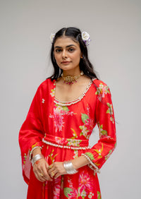 Baagh- Red Floral Printed Anarkali Suit - Set of 3