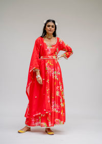 Baagh- Red Floral Printed Anarkali Suit - Set of 3