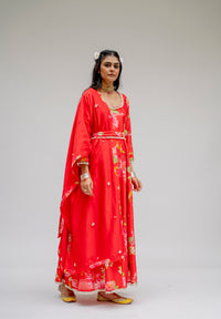 Baagh- Red Floral Printed Anarkali Suit - Set of 3