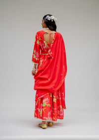 Baagh- Red Floral Printed Anarkali Suit - Set of 3