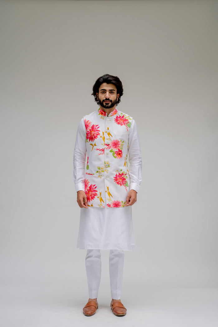 Bagh- White Printed Nehru Jacket Set