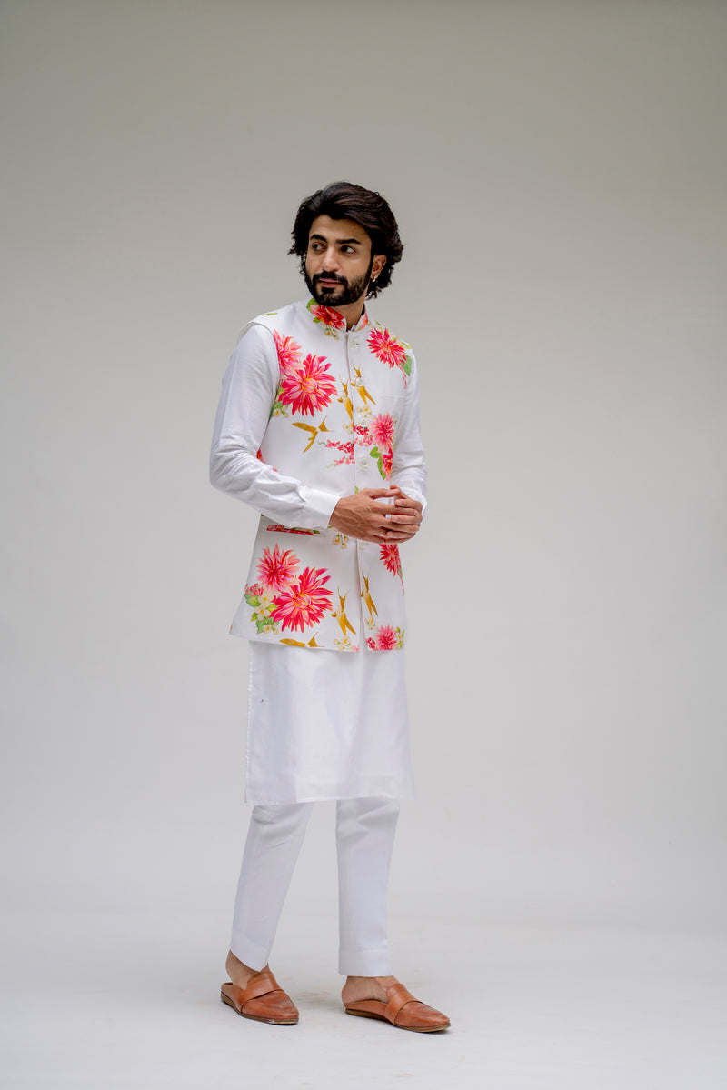 Bagh- White Printed Nehru Jacket Set