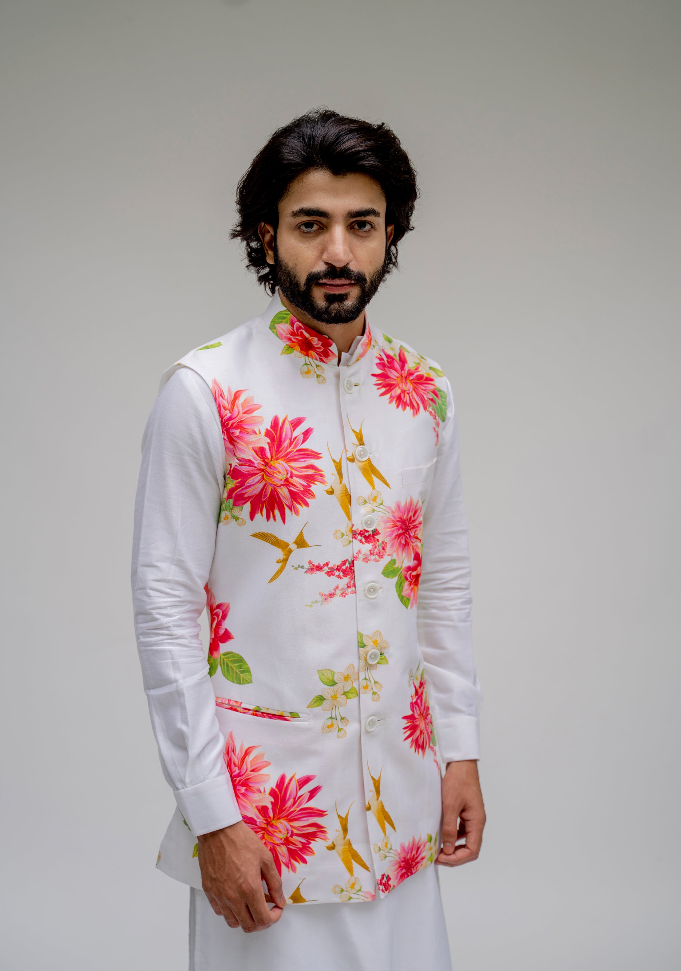 Grey Indo Kurta with Floral Print Nehru Jacket | Men – Laromani