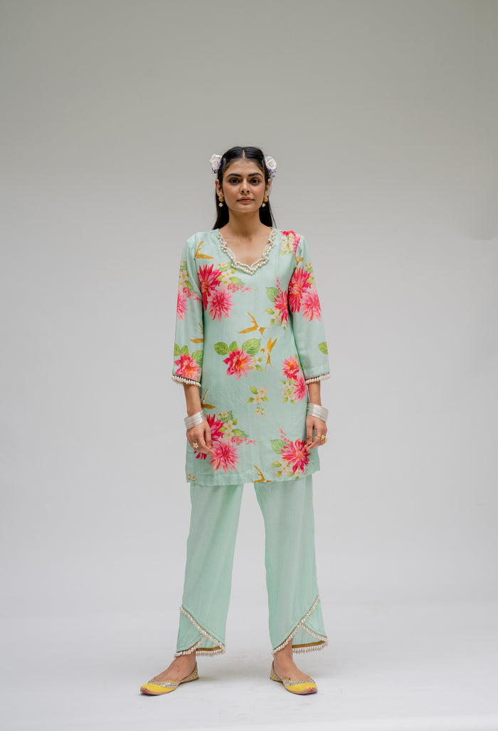 Baagh- Mint Printed Short Kurta - Set of 2