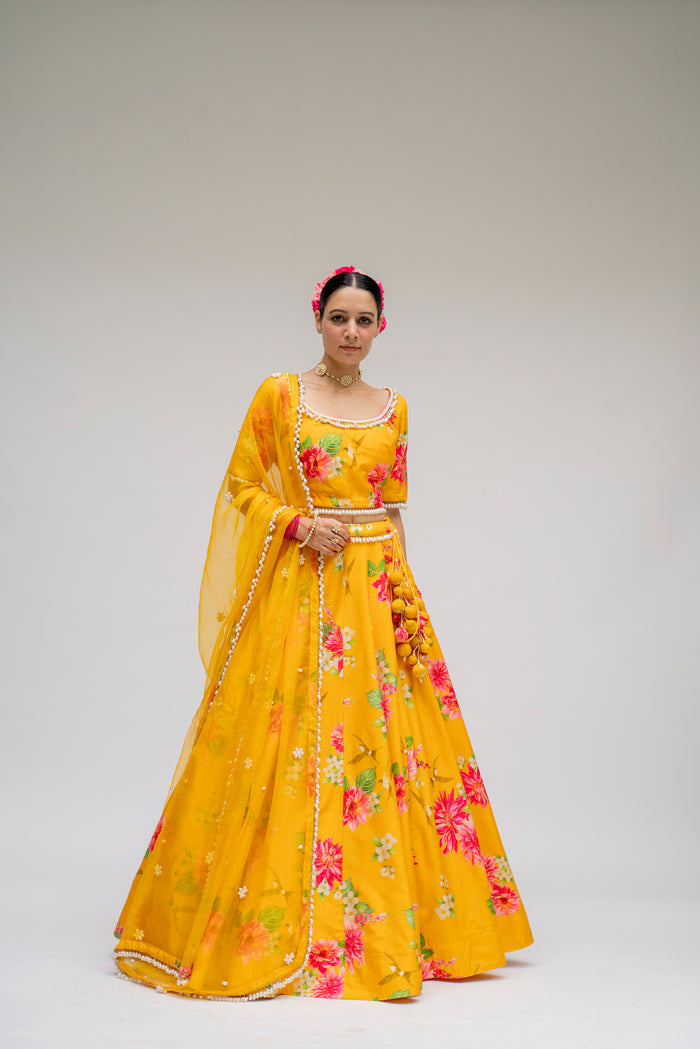 Baagh- Yellow Printed Lehenga  - Set of 3