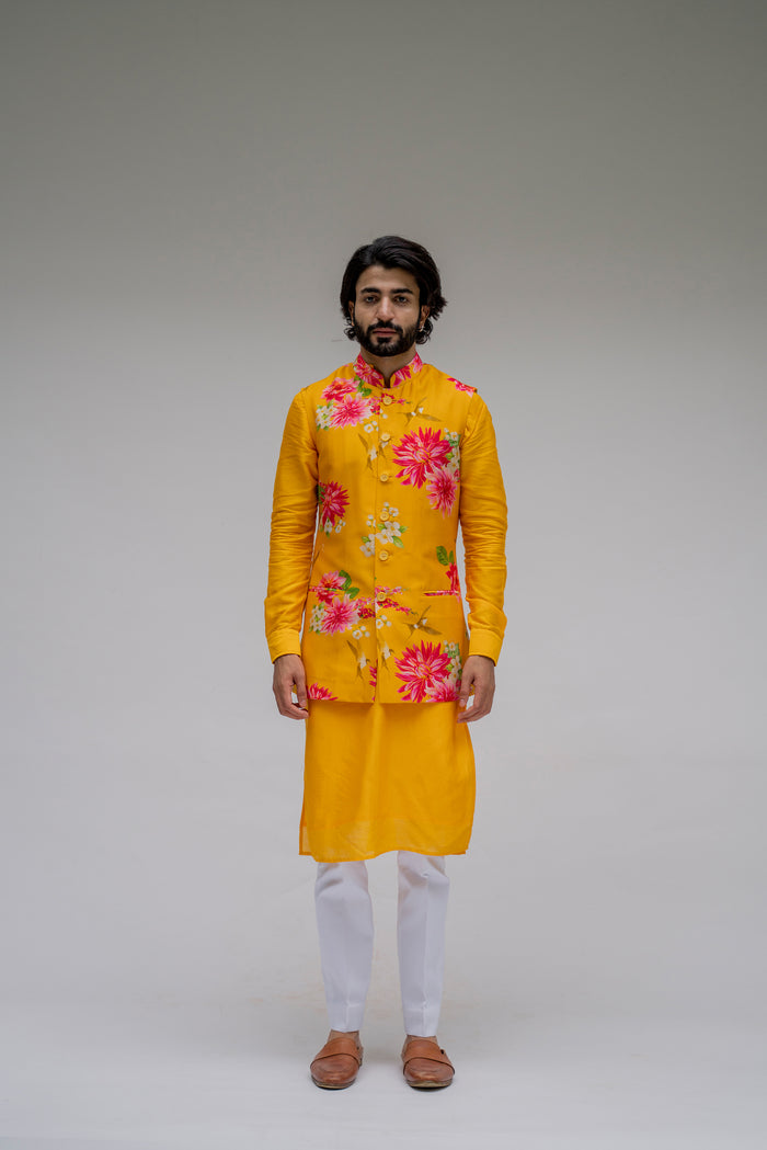 Bagh- Yellow Printed Nehru Jacket Set