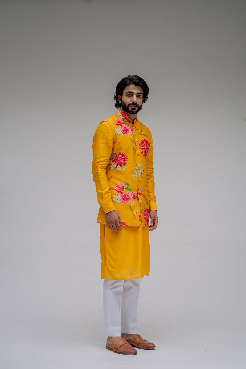 Bagh- Yellow Printed Nehru Jacket Set