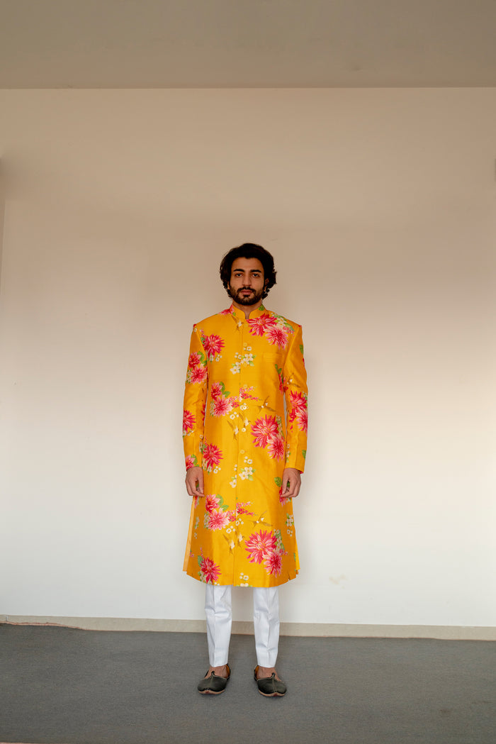 Bagh- Yellow Printed Achkan Set