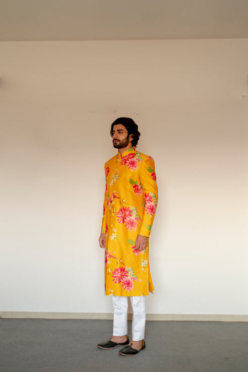 Bagh- Yellow Printed Achkan Set