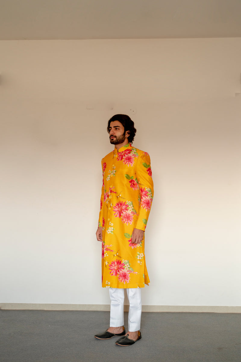 Bagh- Yellow Printed Achkan Set