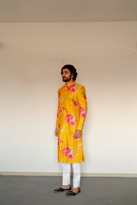 Siddharth Batra in Bagh- Yellow Printed Achkan Set