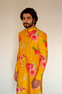 Siddharth Batra in Bagh- Yellow Printed Achkan Set