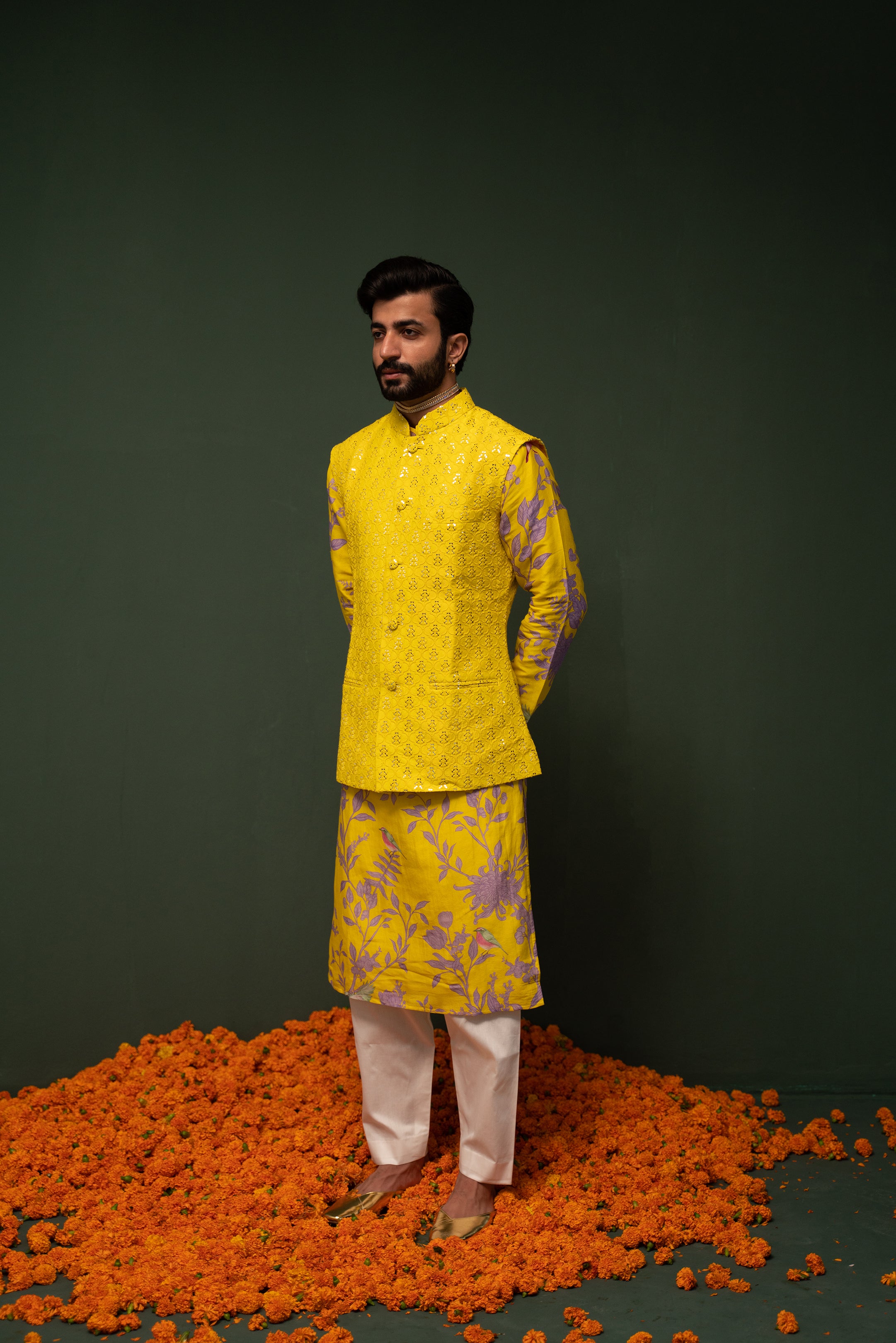 Set of 3: Yellow Stripe Nehru Jacket With Yellow Dobby Button Down Kur –  TJORI