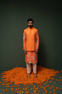 Masakali - Orange Embroidered Nehru Jacket - Set of 3