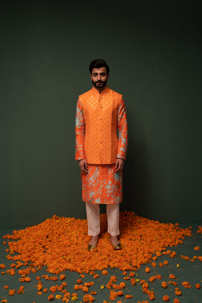 Masakali - Orange Embroidered Nehru Jacket - Set of 3