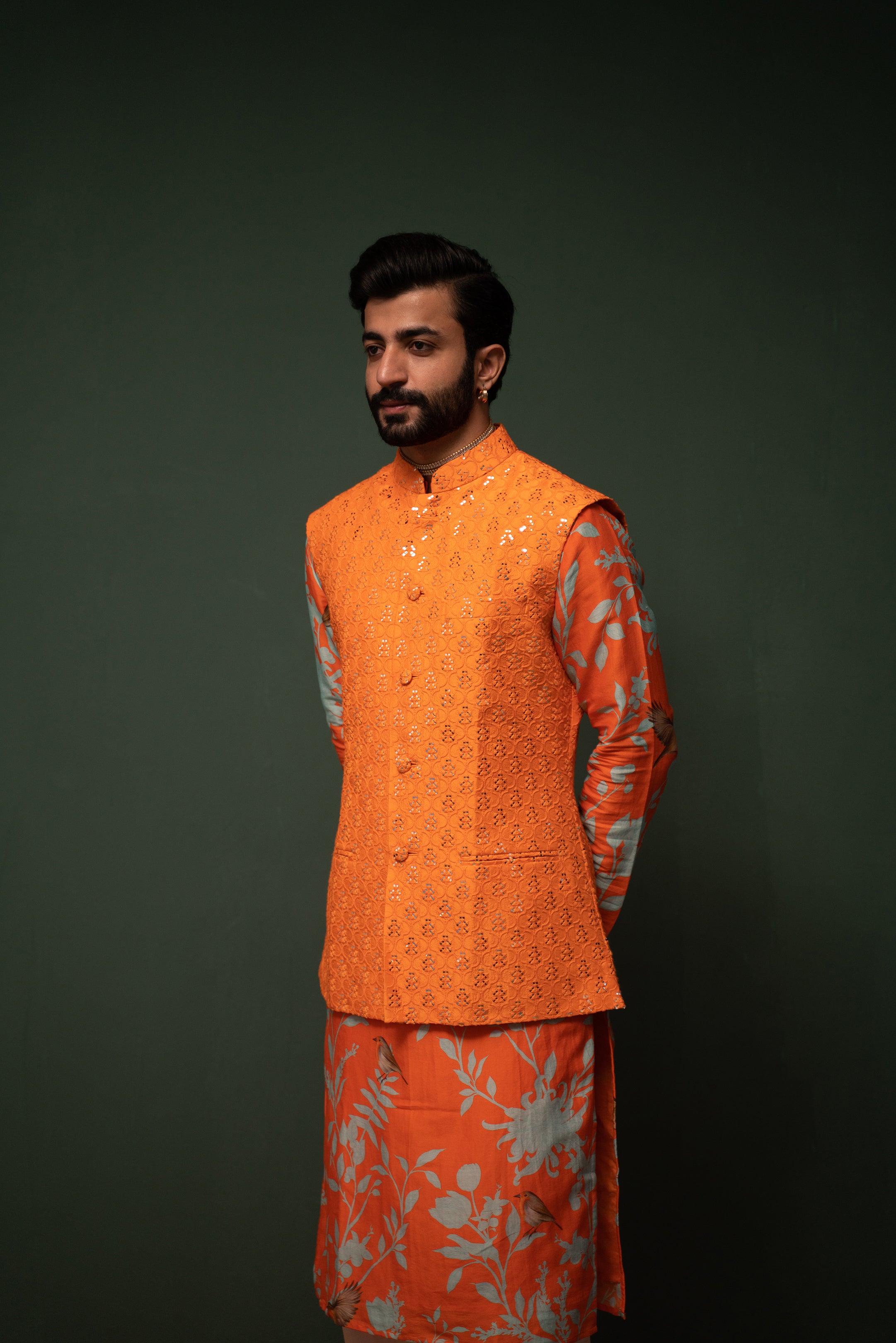 Orange Kurta Churidar Set With Floral Printed Nehru Jacket 570MW09