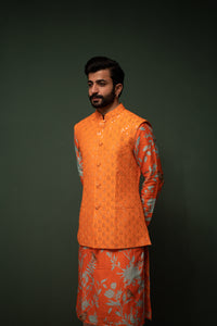 Masakali - Orange Embroidered Nehru Jacket - Set of 3