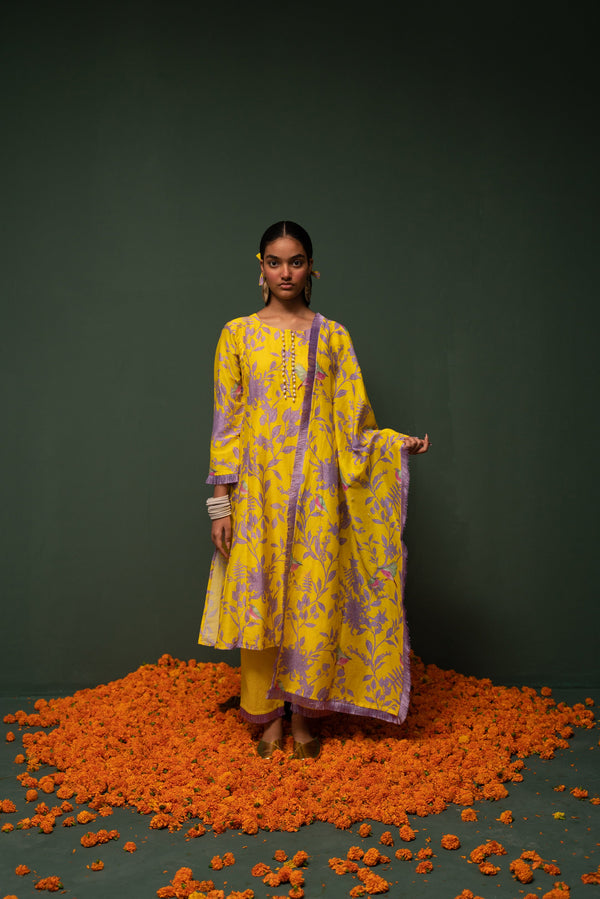House of Misu in Masakali- Yellow Printed Kurta  - Set of 3