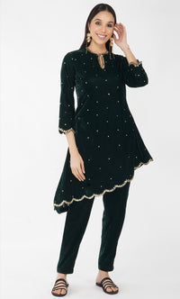 Green Velvet Asymmetric Kurta Set