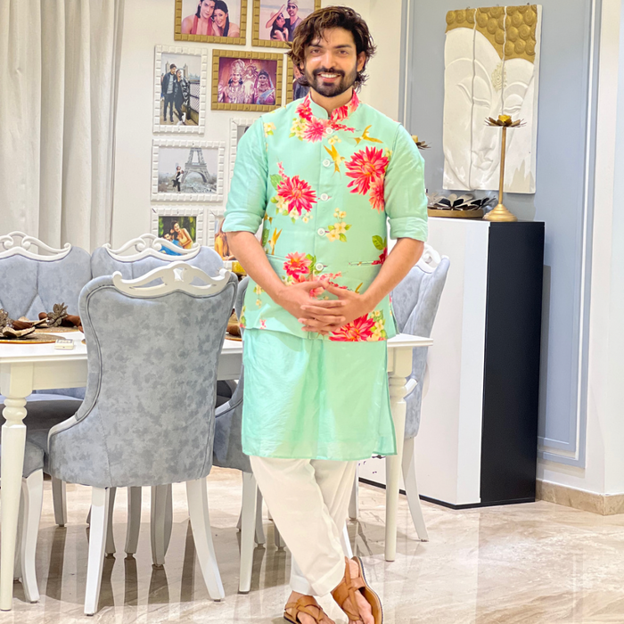 Gurmeet Choudhary in Bagh- Mint Nehru Jacket Set