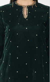 Green Velvet Asymmetric Kurta Set