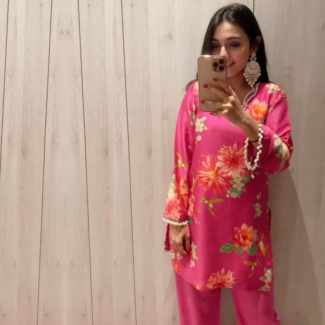 Masoom Minawala in Baagh- Pink Printed Short Kurta - Set of 2