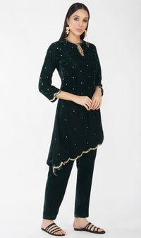 Green Velvet Asymmetric Kurta Set