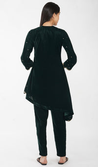 Green Velvet Asymmetric Kurta Set